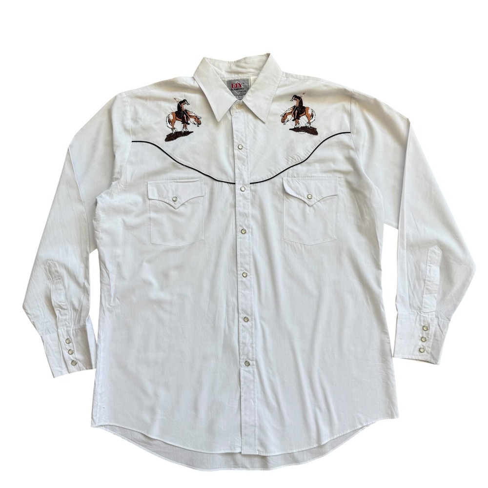 Ely Diamond Mens White Western Pearl Snap‎ Shirt End of the Trail Embroidery L